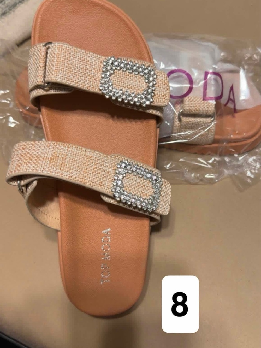Tan Beaded Buckle Slide Sandals - Tan